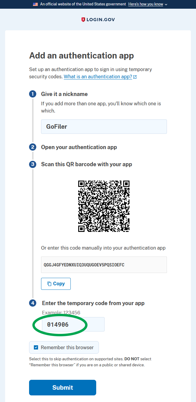 A screenshot of the Login.gov website, showing the page to add an authentication app. The nickname field contains GoFiler. The TOTP Code that was generated by GoFiler has been entered into the temporary code field, which is circled in green.